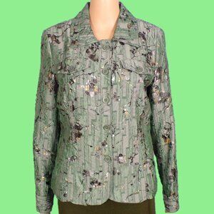 ERIN LONDON size M green/black/gold/silver floral blazer polyester/rayon